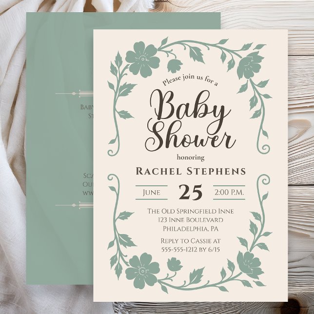 Invitación Chorro de Bebé Botánico Elegante Neutro Sage (Elegant botanical baby shower invitation with sage green floral frame on neutral background )