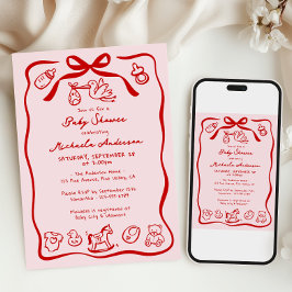 Invitación Chorro de Bebé Caprichoso Dibujado a Mano Rojo y R