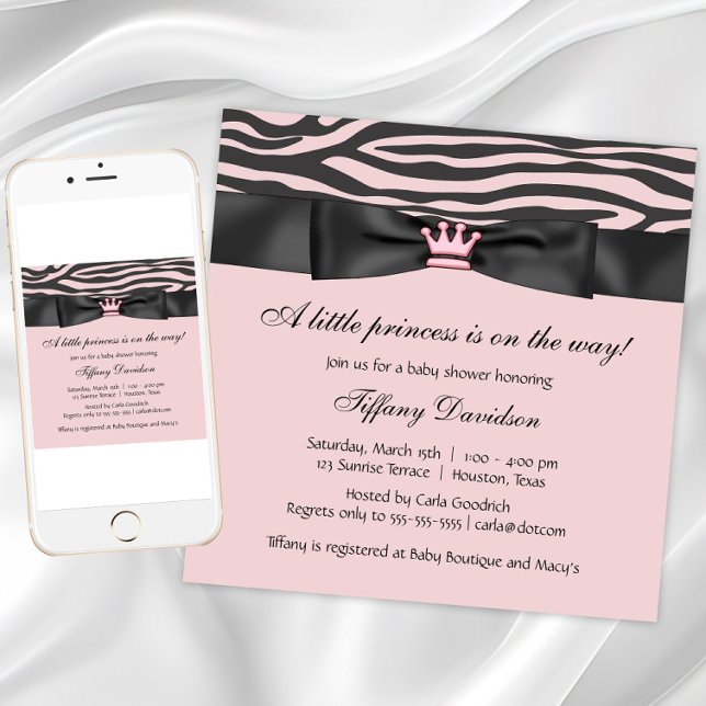 Invitación Chorro de Bebé Cebra Rosa (Pink zebra baby shower invitation. Add your own text. Digital download and printed invitations.)