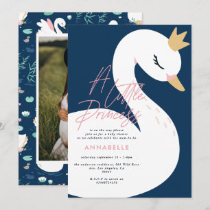 Invitación Chorro de bebé cisne rosa femenino azul marino lin
