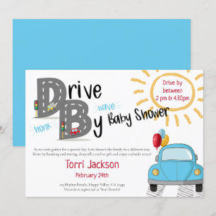 Invitación Chorro de bebé, coche azul y globos