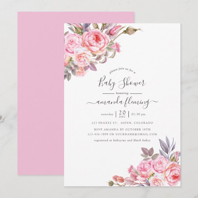 Invitación Chorro de Bebé con Acuarela Floral Rosa (Anverso / Reverso)