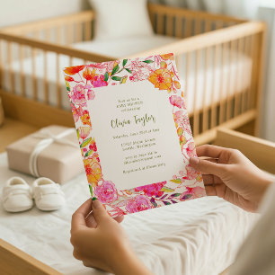 Invitación Chorro de bebé con marco floral de color rosa nara