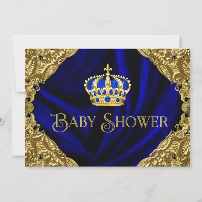 Invitación Chorro de Bebé Corona Azul Real y Dorado (Anverso)