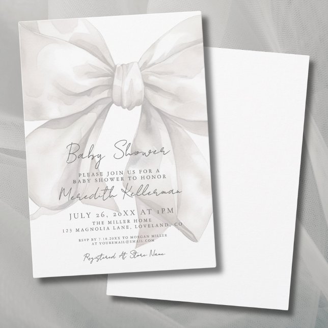Invitación Chorro de Bebé de Acuarela Elegante con Lazo Blanc (Elegant Watercolor White Bow Baby Shower Invitation)