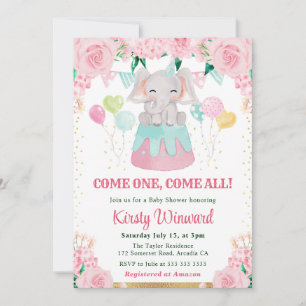 Invitación Chorro de bebé de elefante de circo rosa acuarela