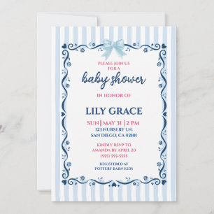 Invitación Chorro de bebé de Elegantes Rayas Azules y Lazo de