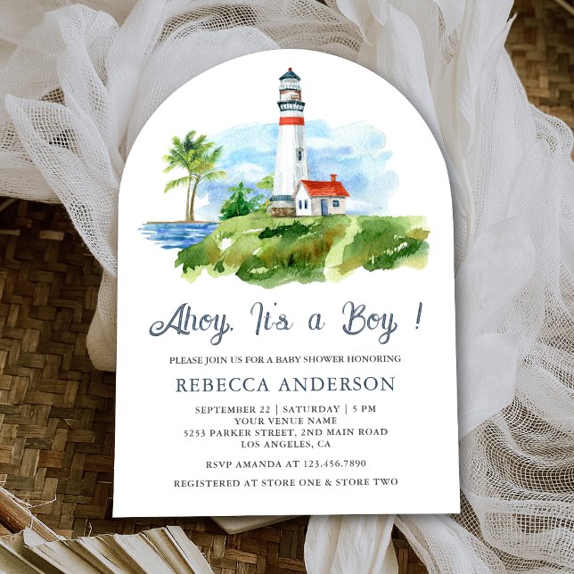 Invitación Chorro de bebé de faro en acuarela con arco náutic (Subido por el creador)