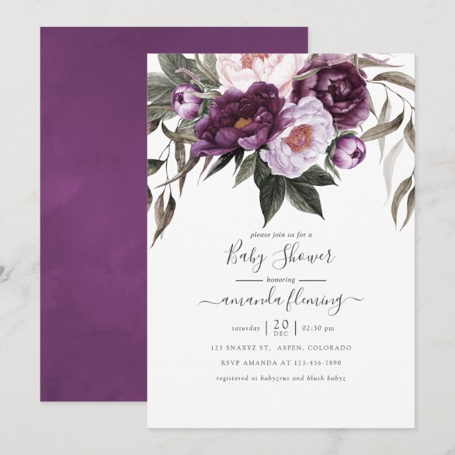 Invitación Chorro de Bebé de Floral de Terciopelo Profundo (Anverso / Reverso)