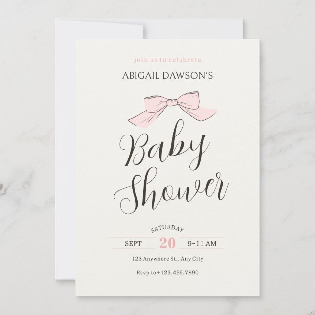 Invitación Chorro de bebé de lazo suave rosa (Anverso)