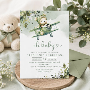 Invitación Chorro de bebé de oso de peluche de avión antiguo 