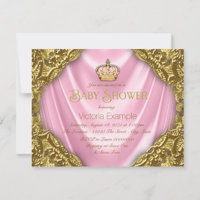 Invitación Chorro de Bebé de Princesa Real Rosa y Dorado (Reverso)