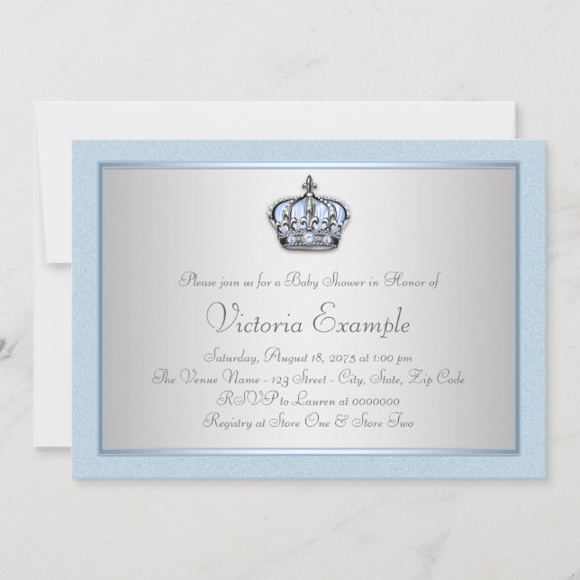 Invitación Chorro de bebé de Príncipe Azul y Plateado (Anverso)