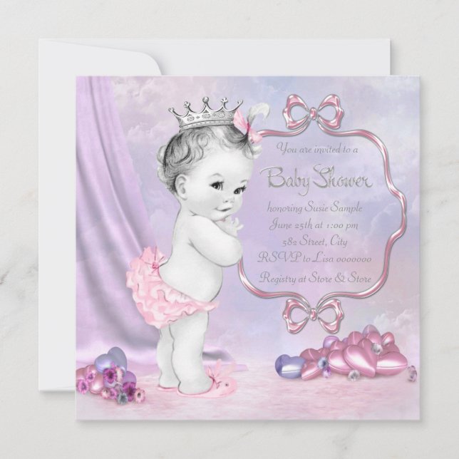 Invitación Chorro de bebé de rosa y púrpura elegante (Anverso)