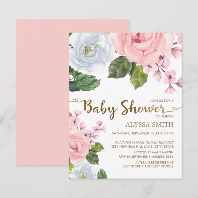 Invitación Chorro De Bebé De Rosas Florales Blancas Y Rosadas (Anverso / Reverso)