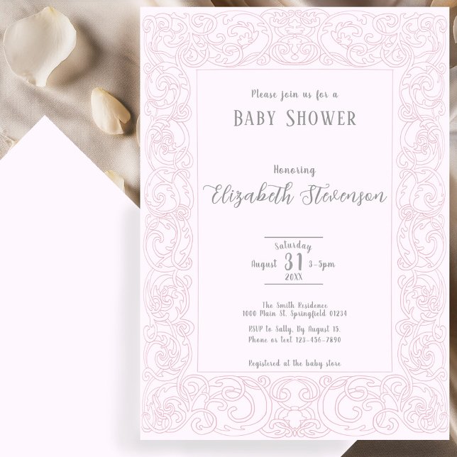 Invitación Chorro de Bebé de Trabajos de Scrollwork Rosa Eleg (Subido por el creador)