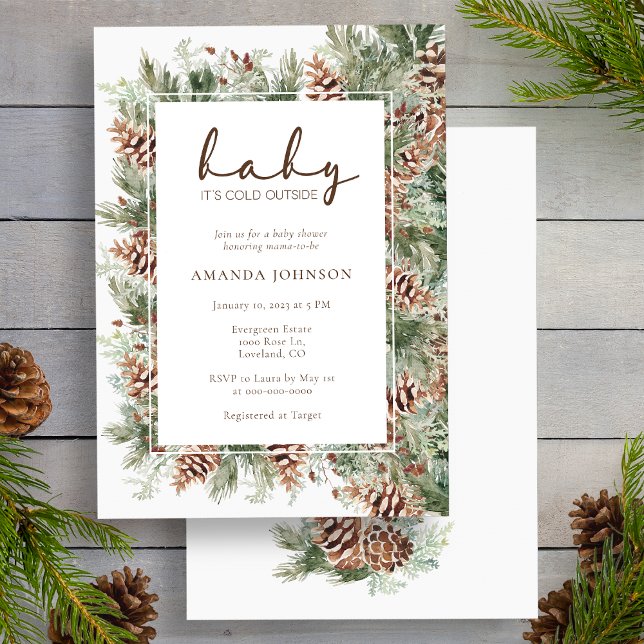 Invitación Chorro de bebé de vacaciones de invierno (Pinecone Evergreen Winter Holiday Baby Shower Invitation by Painted Paperie
)