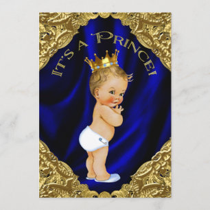 Invitación Chorro de bebé del príncipe azul y dorado