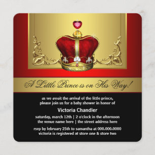 Invitación Chorro de bebé del príncipe corona de oro rojo