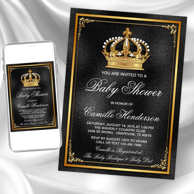 Invitación Chorro de bebé del príncipe de oro negro (Black gold prince baby shower invitation. Instant download and printed invitations available.)