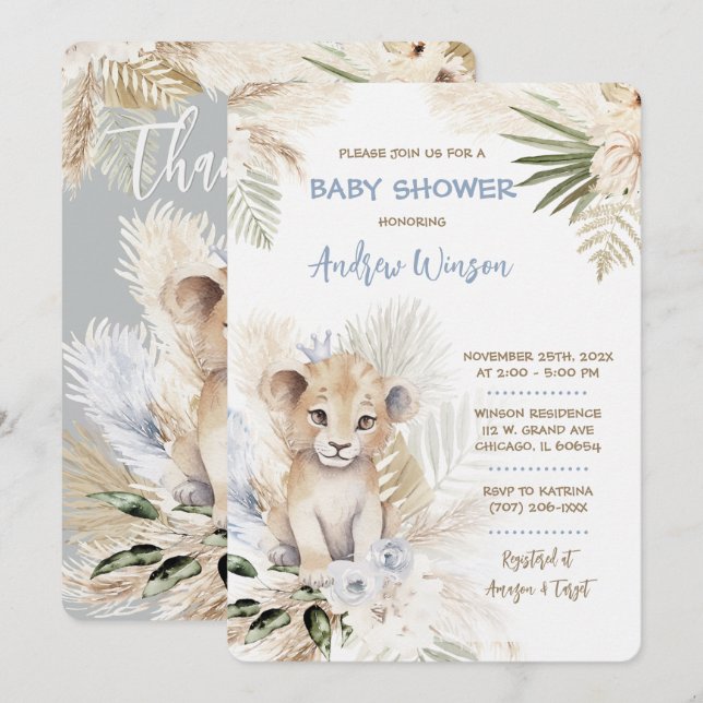 Invitación Chorro de bebé del príncipe león personalizado (Anverso / Reverso)
