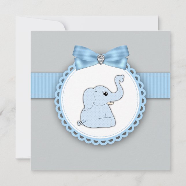 Invitación Chorro de Bebé Elefante Azul Elegante (Anverso)