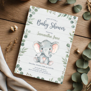 Invitación Chorro de Bebé Elefante Verde Rústico