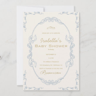 Invitación Chorro de bebé elegante azul beige y dorado