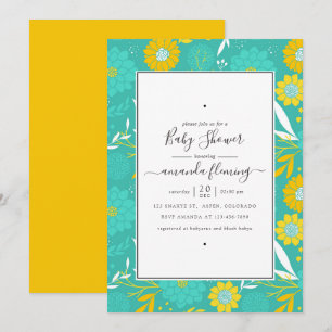 Invitación Chorro de bebé floral amarillo y azul turquesa