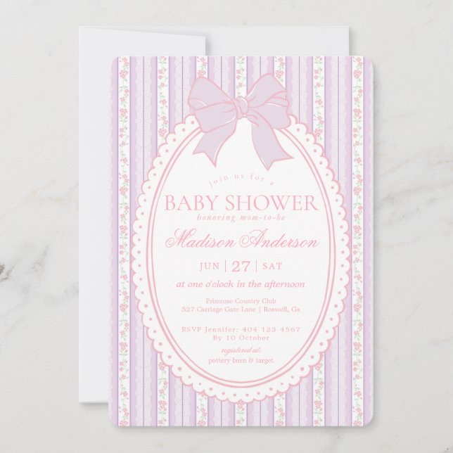 Invitación Chorro de Bebé Floral Antiguo Morado Pastel Elegan (Anverso)