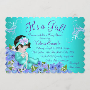 Invitación Chorro de bebé floral azul añil y verde