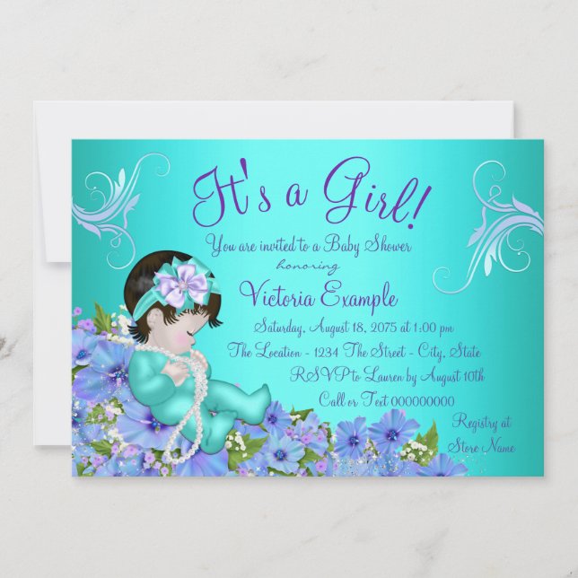 Invitación Chorro de bebé floral azul añil y verde (Anverso)