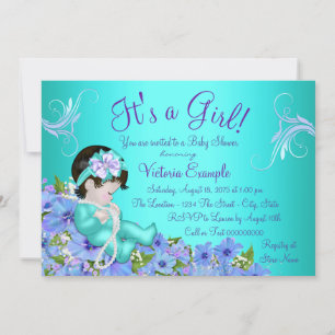 Invitación Chorro de bebé floral azul añil y verde