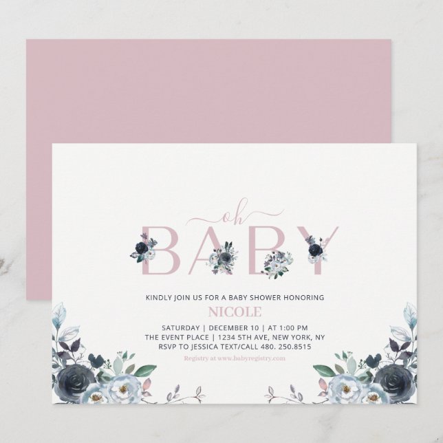 Invitación Chorro de Bebé Floral Boho Azul Marino y Rosa (Anverso / Reverso)
