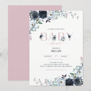 Invitación Chorro de Bebé Floral Boho Azul Marino y Rosa