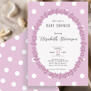 Invitación Chorro de Bebé Floral de Lunares Morados Elegantes