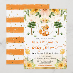 Invitación Chorro de bebé floral lindo acuarela de zorro