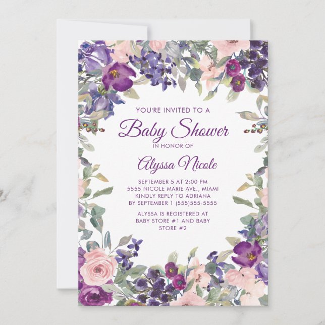 Invitación Chorro De Bebé Floral Rosa Elegante Morado (Anverso)