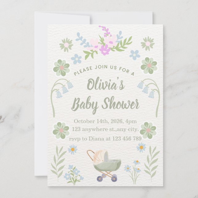 Invitación Chorro de bebé floral suave personalizado (Anverso)
