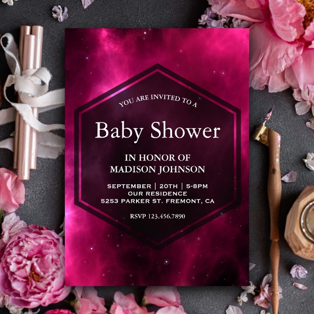 Invitación Chorro de Bebé Galaxia Espacial Rosa Moderno (Subido por el creador)