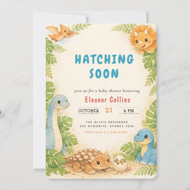 Invitación Chorro de Bebé Lindos Dinosaurios a punto de Eclos (Anverso)