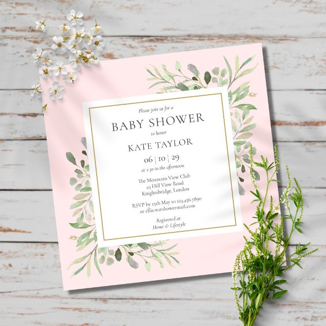 Invitación Chorro de bebé niña greenery acuarela rosa (Subido por el creador)