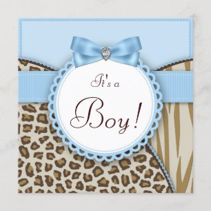 Invitación Chorro de bebé niño marrón y azul elegante