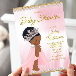 Invitación Chorro de Bebé Princesa Afro Rosa Dorado