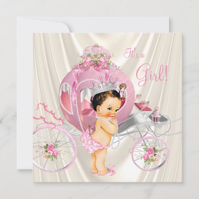 Invitación Chorro de Bebé Princesa con Perlas Rosadas y Marfi (Anverso)