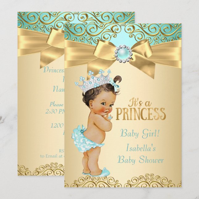 Invitación Chorro de Bebé Princesa Damask Teal Oro (Anverso / Reverso)