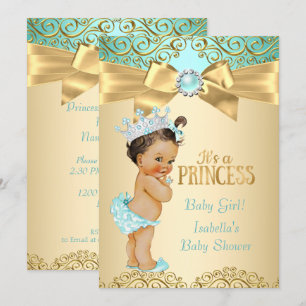 Invitación Chorro de Bebé Princesa Damask Teal Oro