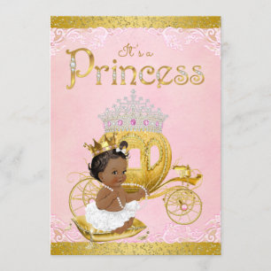 Invitación Chorro de Bebé Princesa de Oro Rosa Afroamericano