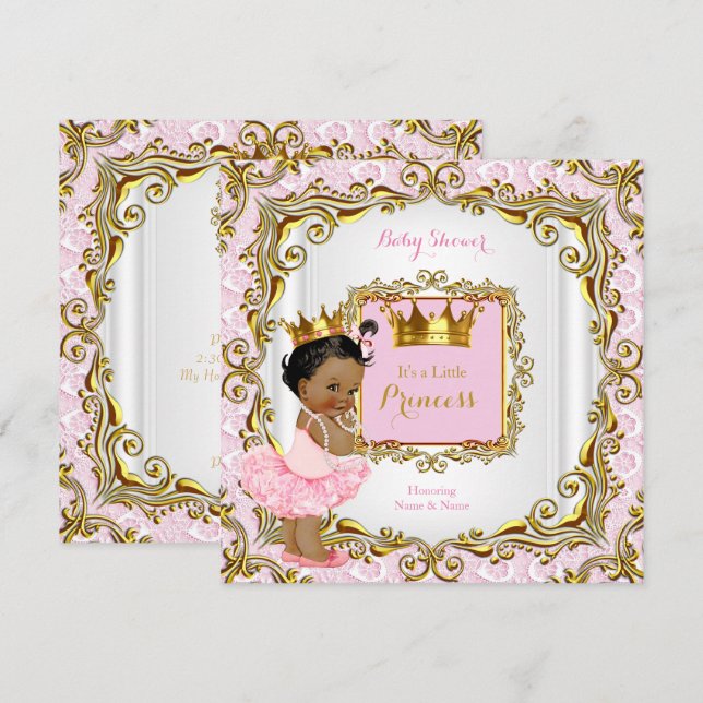 Invitación Chorro de Bebé Princesa Étnica Rosa Encaje Blanco  (Anverso / Reverso)