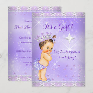 Invitación Chorro de Bebé Princesa Lila Lavanda Tiara Morena